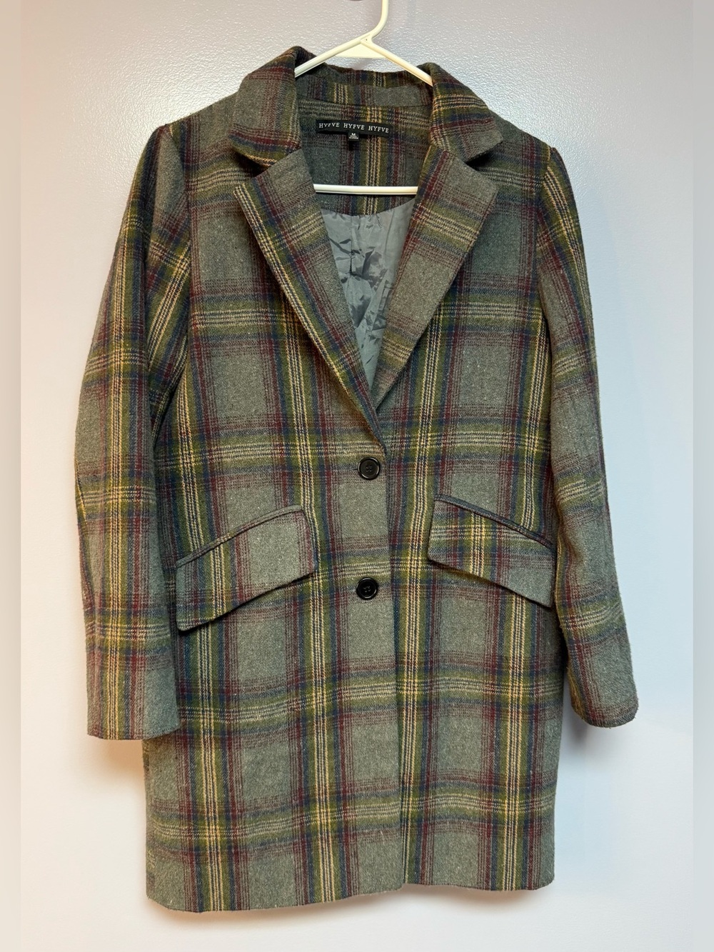 HYFVE Gray Plaid Pea Coat with Burgundy and Mustard Stripes size M